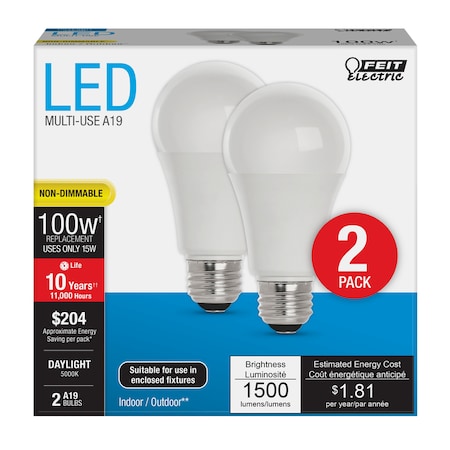 Feit Electric Feit A19 E26 (Medium) LED Bulb Daylight 100 Watt Equivalence 2 pk A160085010KLED2